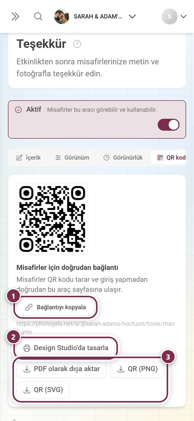 Doğrudan bağlantı, Design Studio düğmesi ve üç dosya dışa aktarımıyla QR kod sekmesi