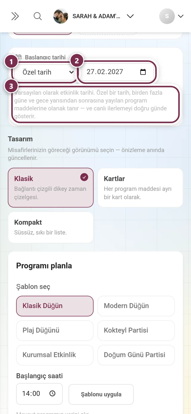 Seçim listesi, tarih alanı ve açıklama metni işaretli Başlangıç tarihi alanı