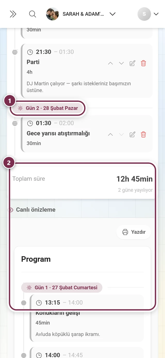 Gün ayırıcısı ve Toplam süre alt satırı işaretli program öğesi listesinin sonu