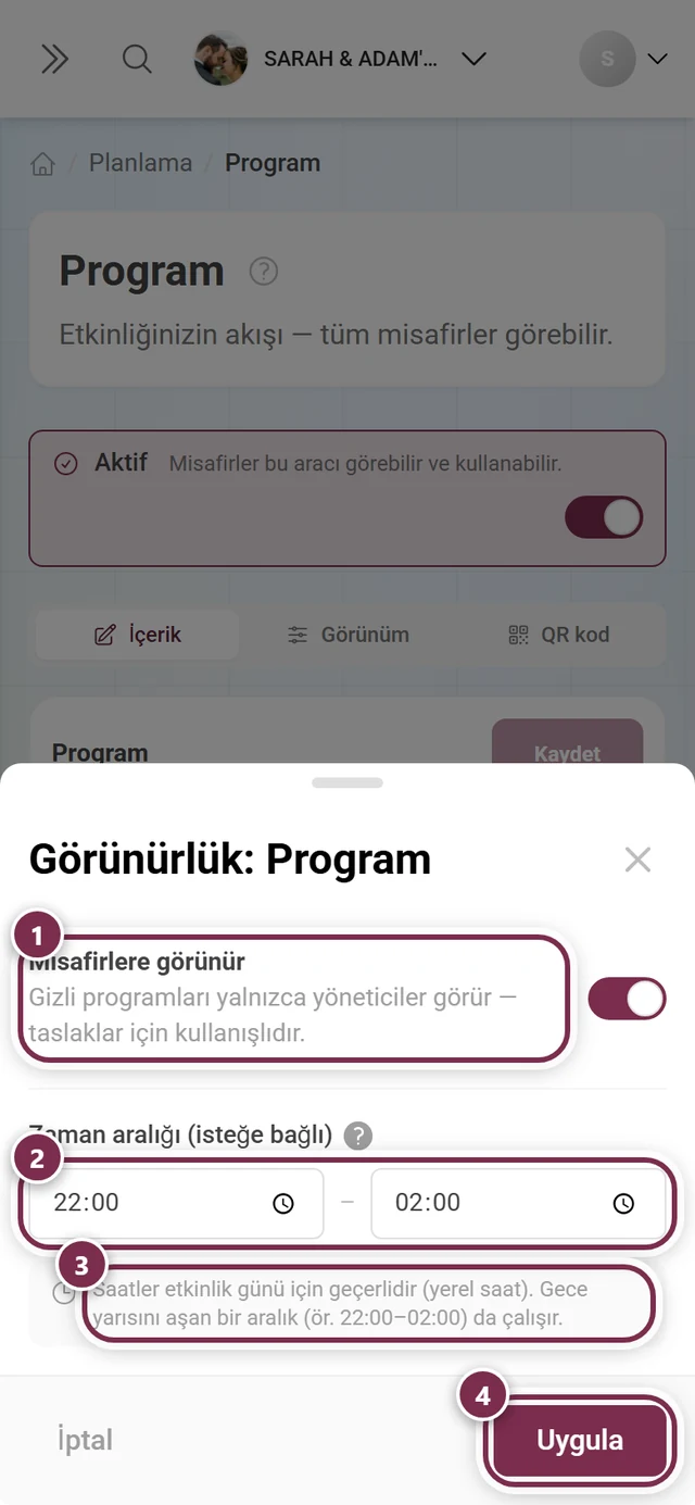 Anahtar, iki saat alanı, not ve Uygula düğmesi işaretli Görünürlük: Akış iletişim kutusu