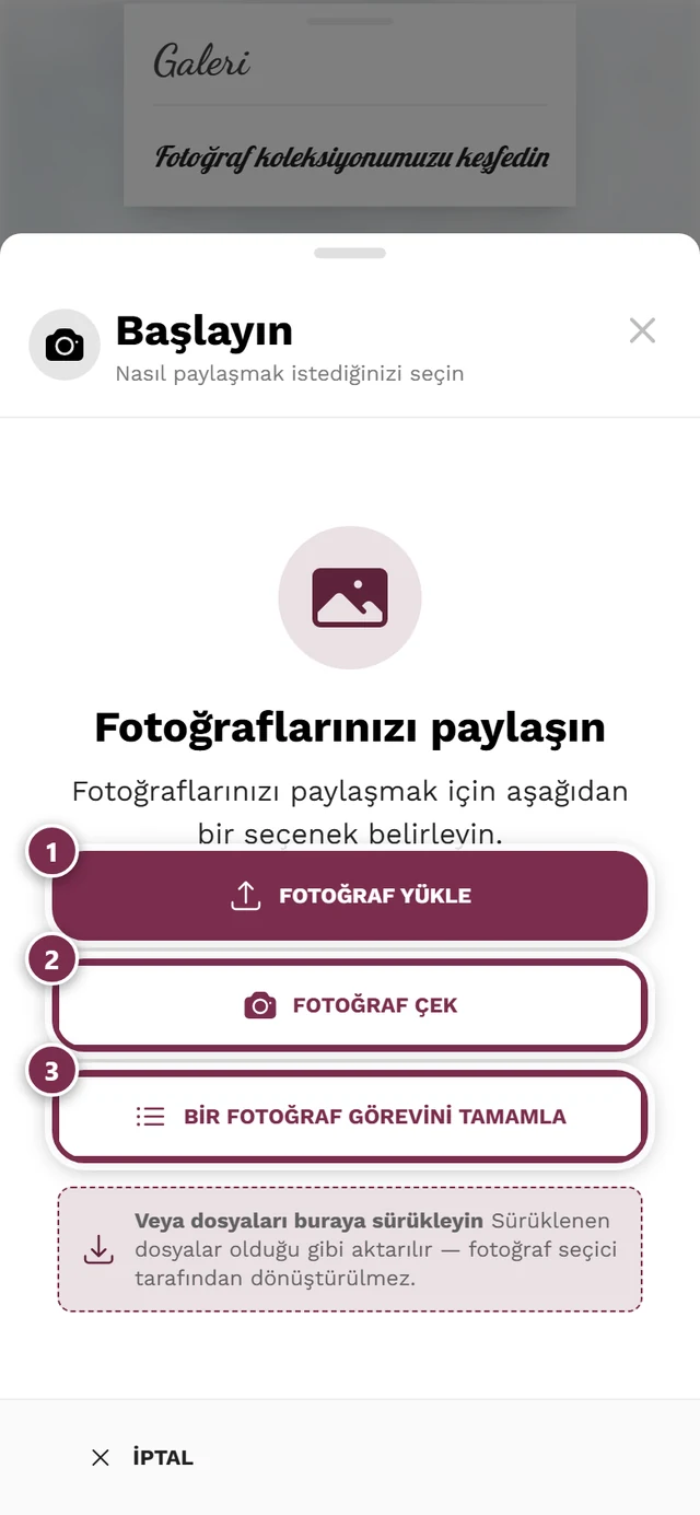Fotoğraf seç ve Fotoğraf çek kaynaklarıyla yükleme penceresi