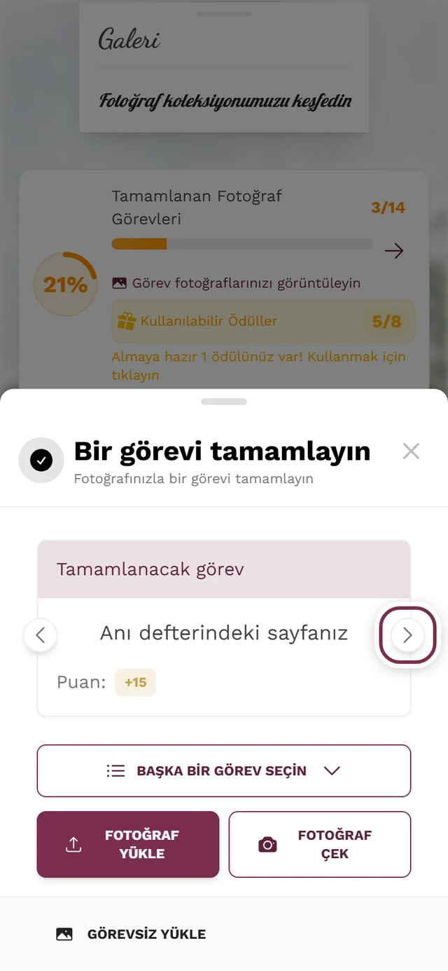 Yükleme iletişim kutusunda görev kartı, Sonraki görev oku işaretli