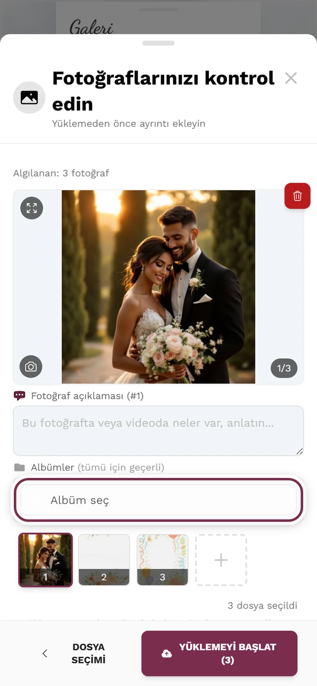 Albüm seç düğmesi vurgulanmış yükleme gözden geçirme ekranı