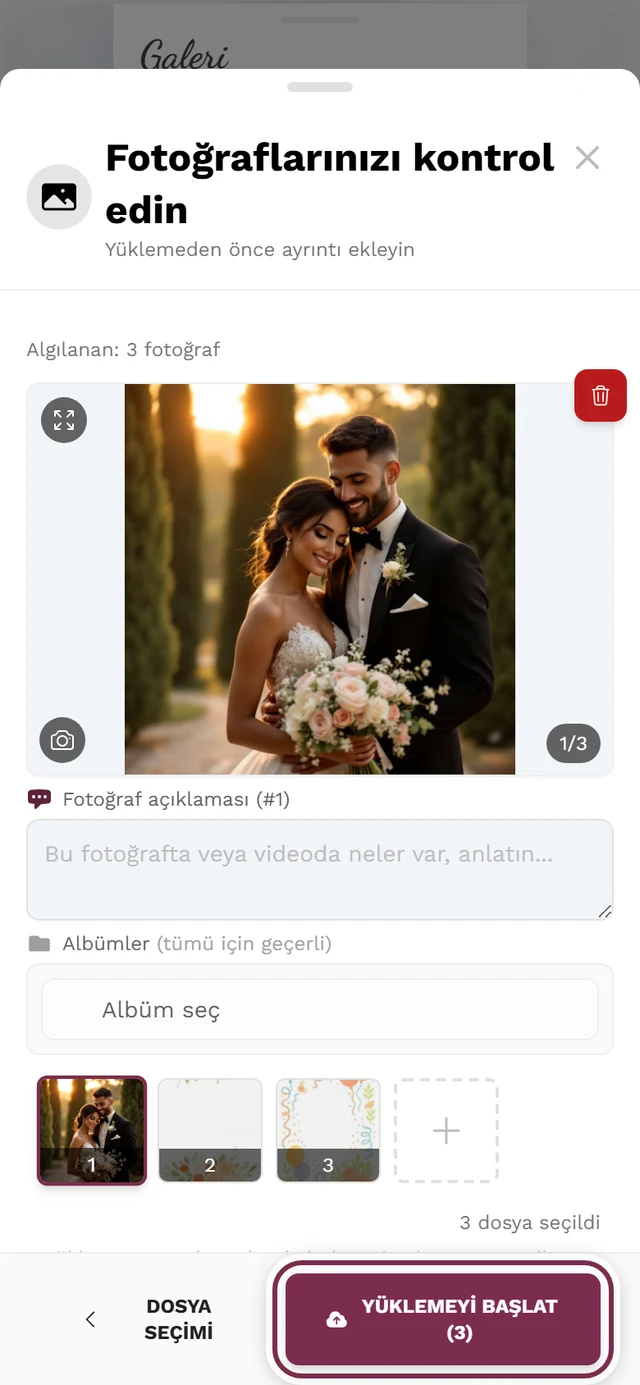 Büyük önizleme, küçük resim şeridi ve Yüklemeyi başlat düğmesi vurgulanmış yükleme gözden geçirme ekranı