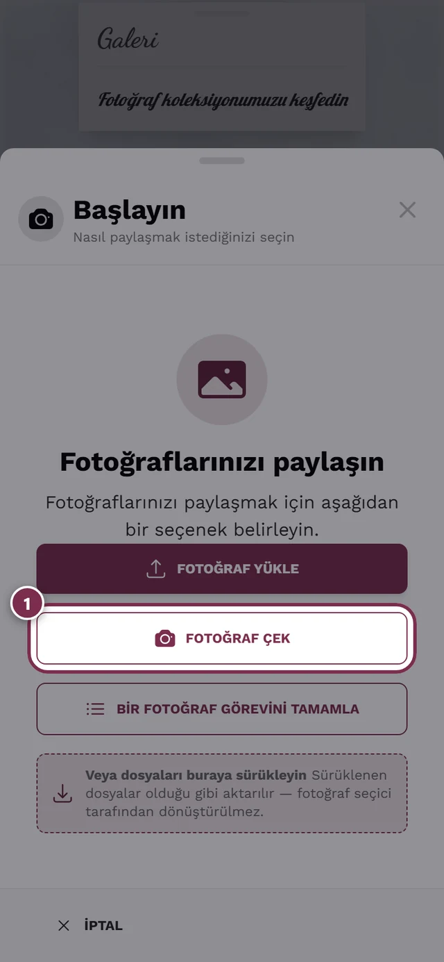 Fotoğraf çek düğmesi vurgulanmış yükleme iletişim kutusu
