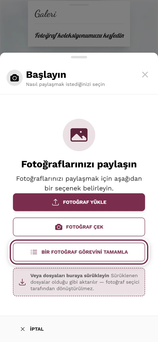 Yükleme iletişim kutusunun ilk adımı, görev yoluna giriş işaretli