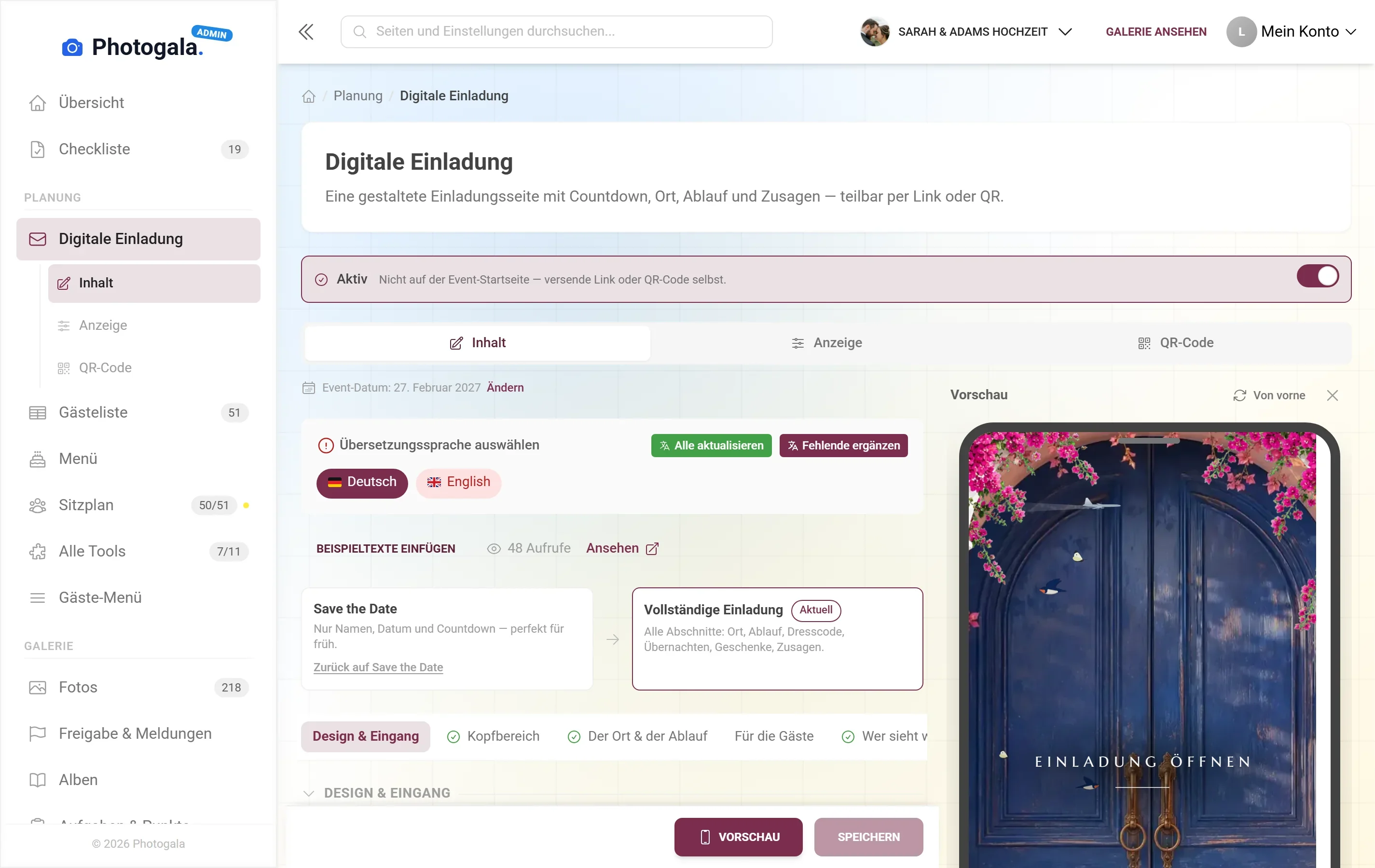 Digitale Einladung — Ansicht im Adminbereich