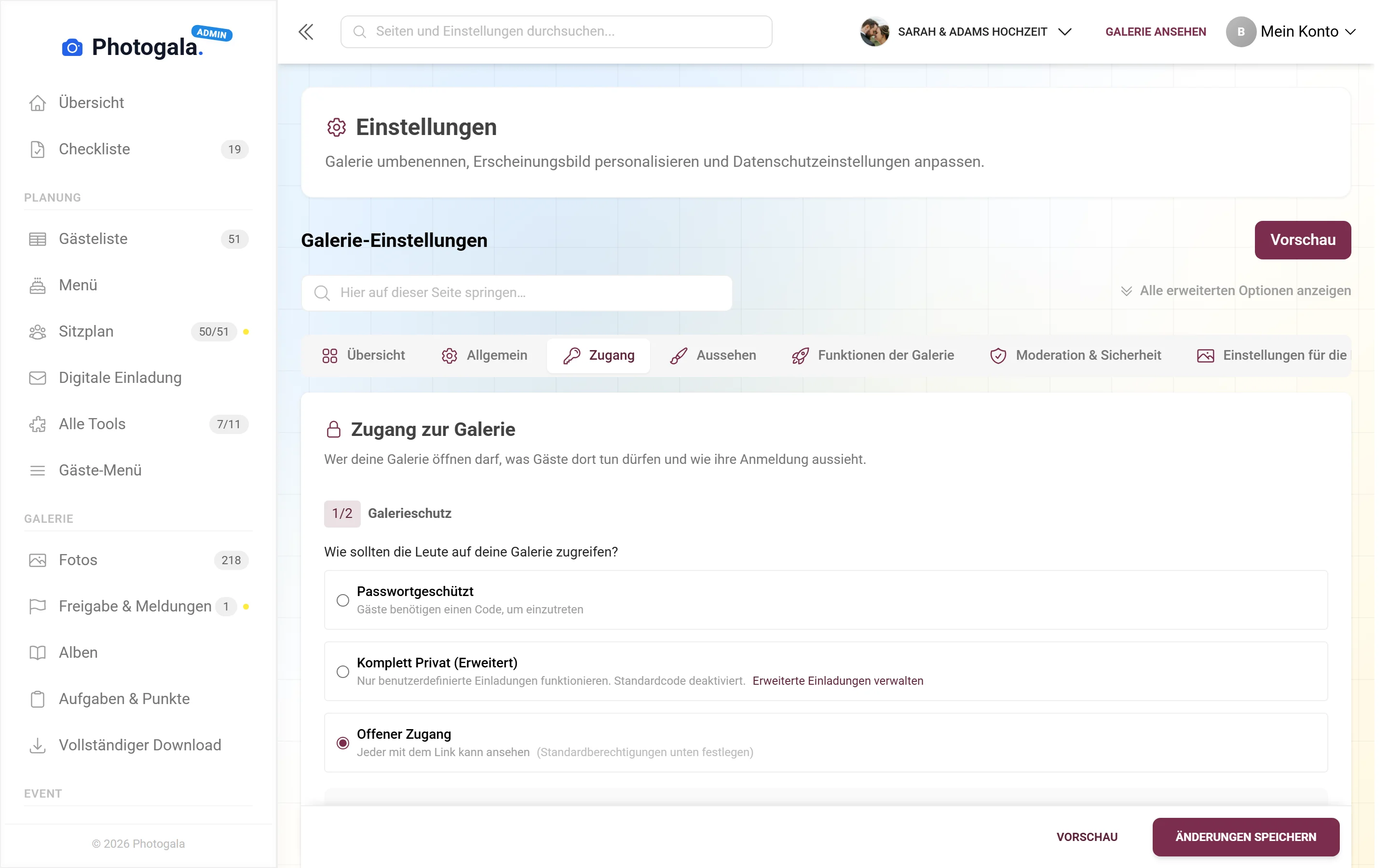 Digitale Einladung — Ansicht im Adminbereich
