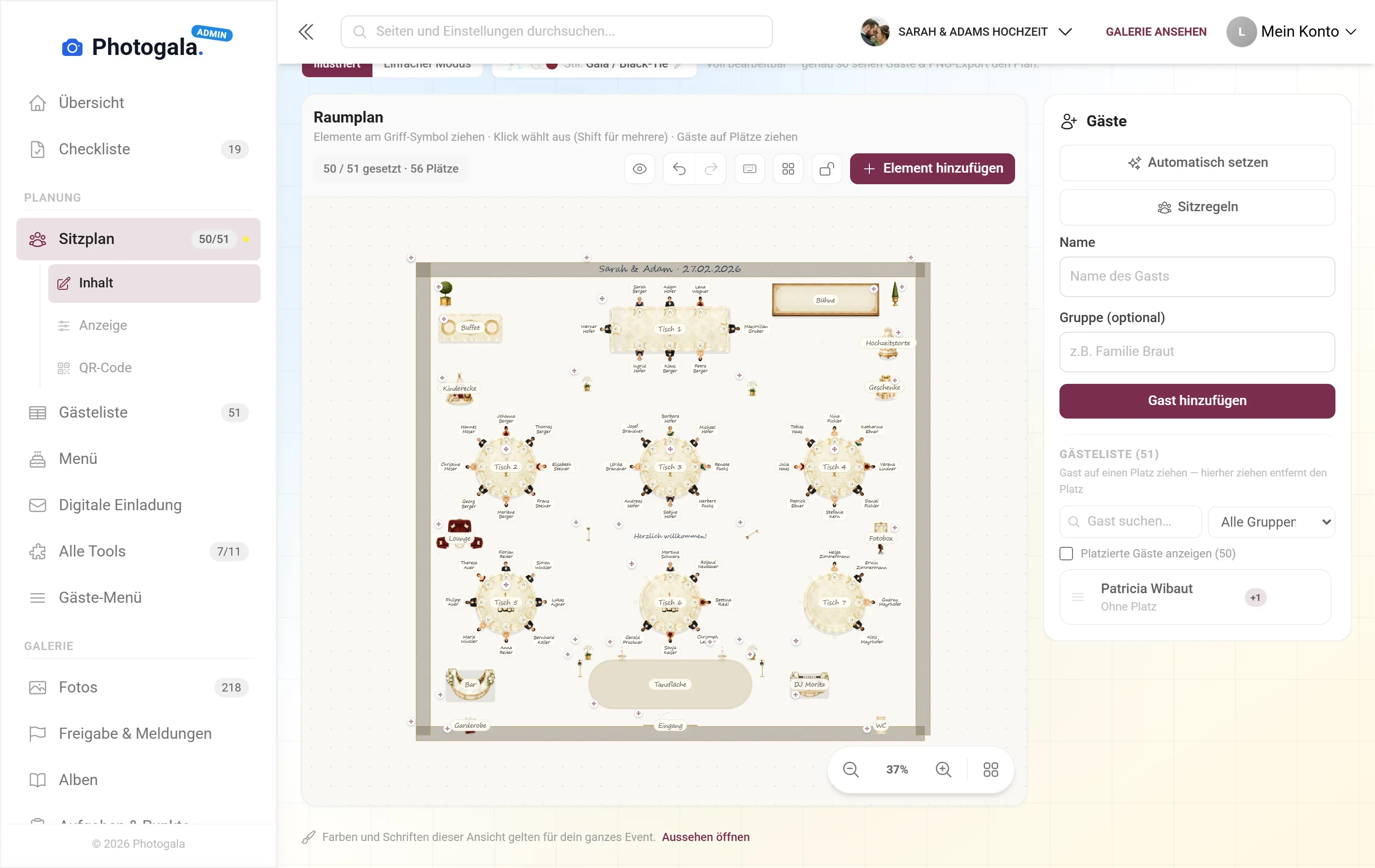 Sitzplan — Ansicht im Adminbereich