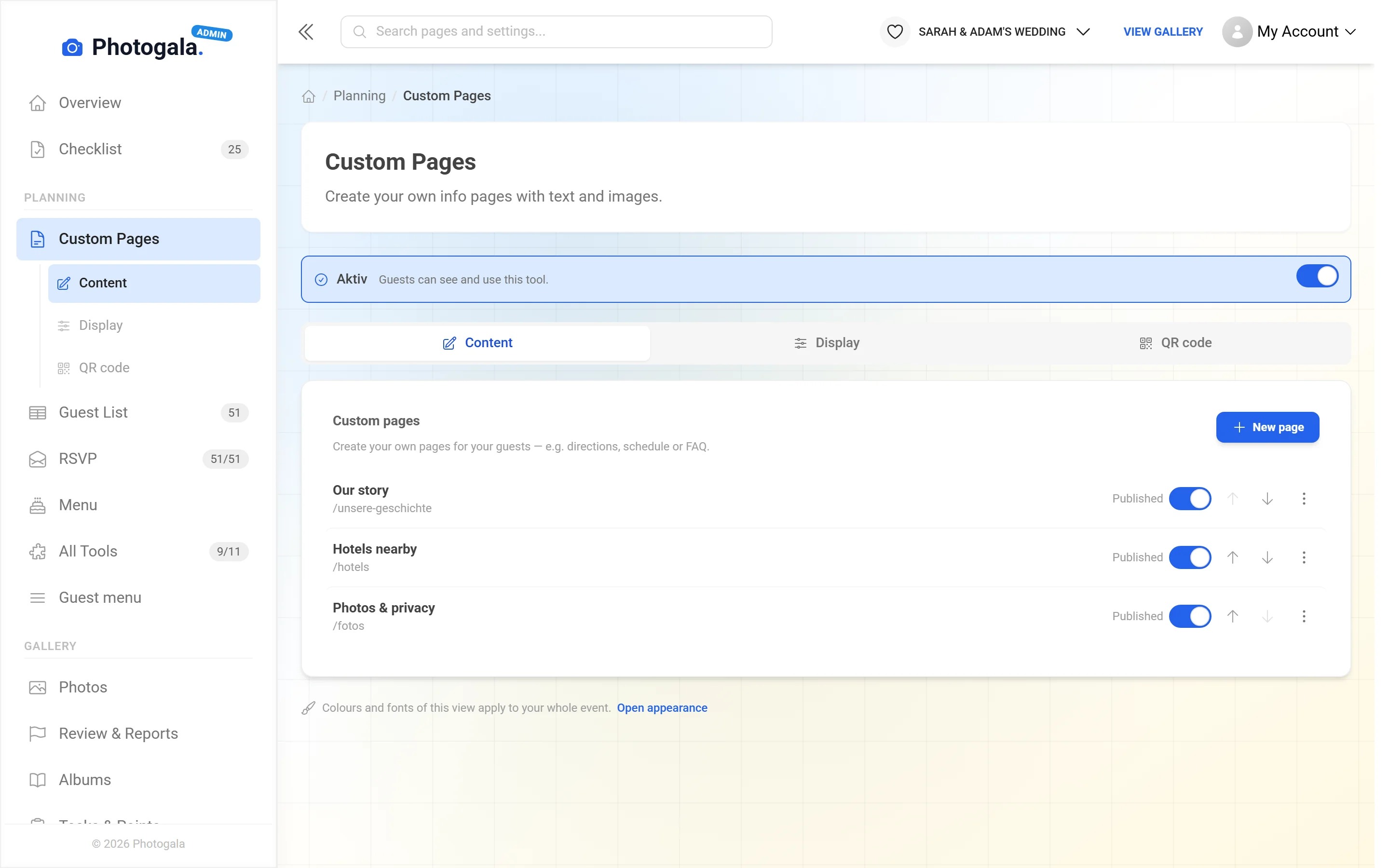 Custom Pages — Admin view