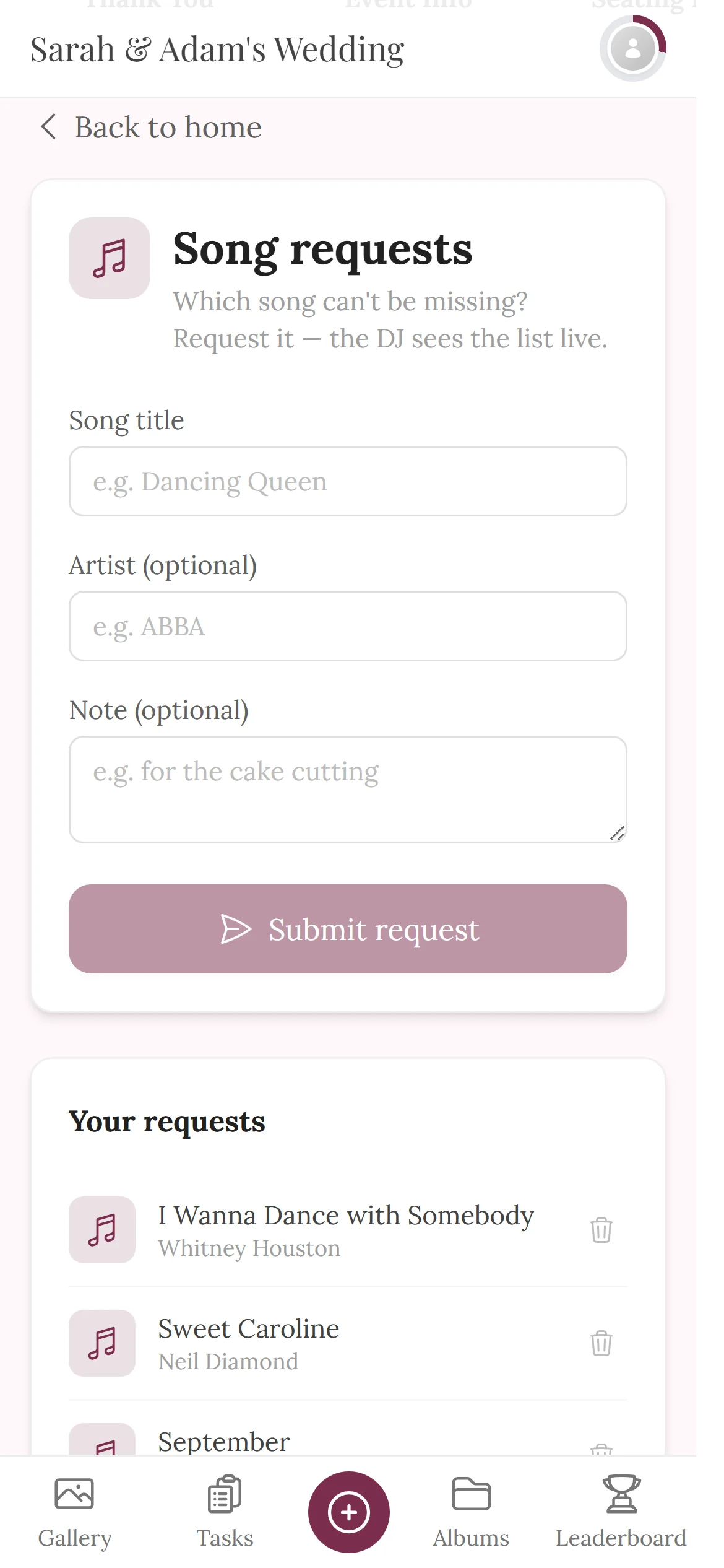Music Requests — Guest view